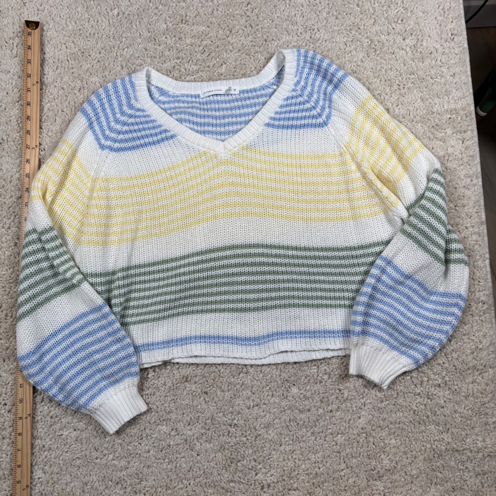 Altar'd State Striped V Neck Cropped Sweater‎ Women Sz M Yellow Blue Green White